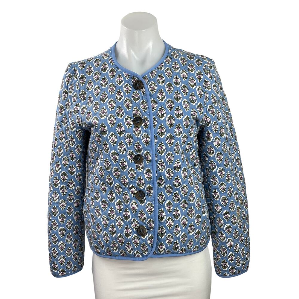 J.Crew Blue Floral Block-print Quilted Button Down Long Sleeve Coat Jacket Sz 4